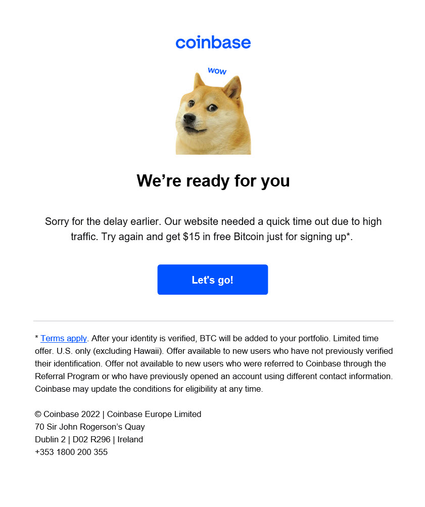 Coinbase email image for Super Bowl ad post