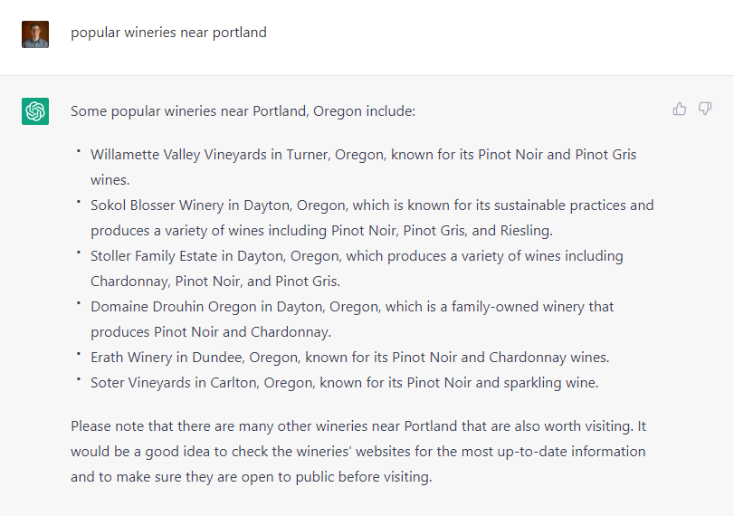 Oregon wineries chat for ChatGPT post