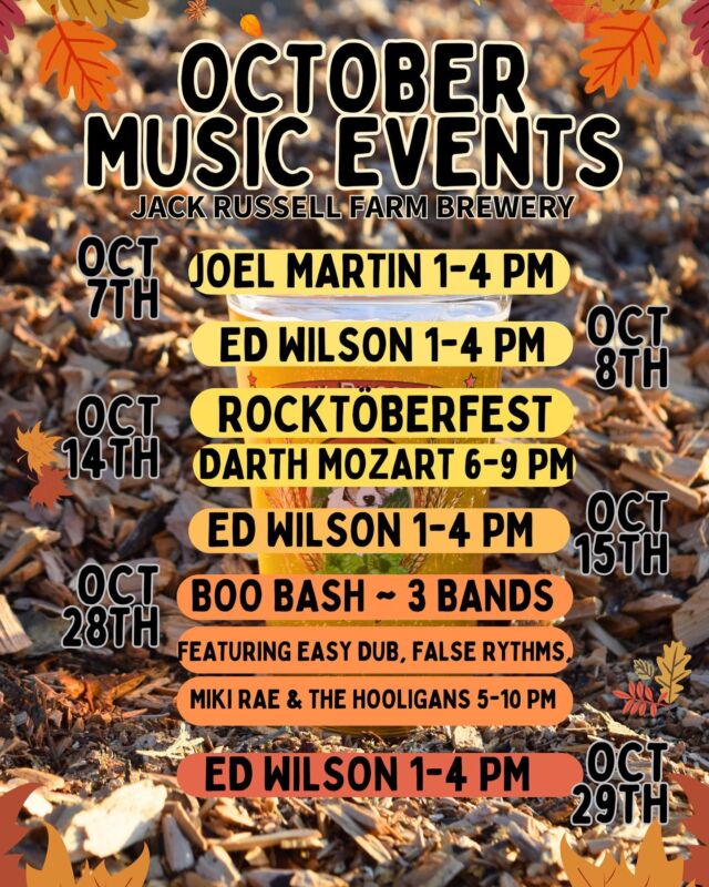 Join us for one of our awesome live music events! 🎶 Here is the October schedule. 🎸 All events are cover charge free.  Little Cravings will be on site cooking up delicious eats 😋 
.
.

#jackrussellfarmbrewery #jackrussellbrewery #applehillofficial #applehill #visitapplehill #applehilltourguide #sacbeer #camino #craftbeer #sacbeerenthusiasts #handcraftedbeer #cider #hardcider #visitgoldcountry #visiteldoradocounty #eldoradocounty #appleblossom #brewery #brewerylife #localbusiness #foodtruck