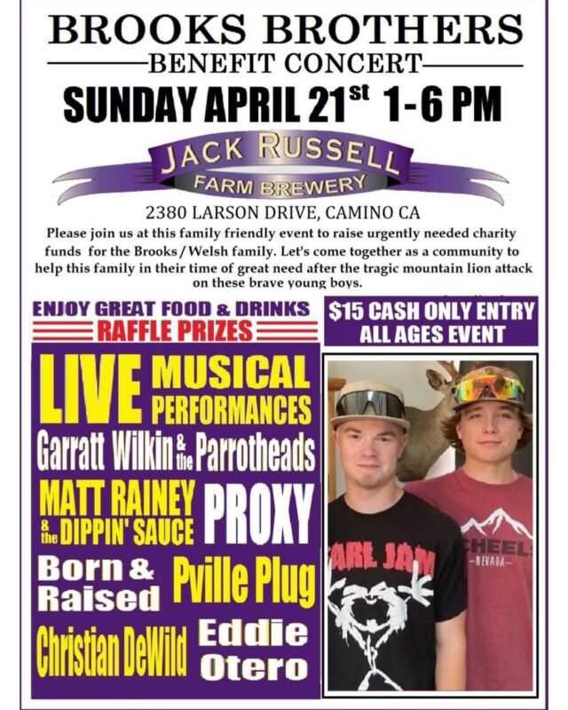 This Sunday the 21st is the Brooks Brothers benefit concert. 7 great bands playing live, a food truck on site, plus Little Cravings is making a Pizza Special. Let’s come together as a community to help this family in their time of need. 
.
.
#jackrussellfarmbrewery #jackrussellbrewery #applehillofficial #applehill #visitapplehill #applehilltourguide #sacbeer #camino #craftbeer #sacbeerenthusiasts #handcraftedbeer #cider #hardcider #visitgoldcountry #visiteldoradocounty #eldoradocounty #appleblossom #brewery #brewerylife #localbusiness #foodtruck #visiteldorado #visiteldoradocounty