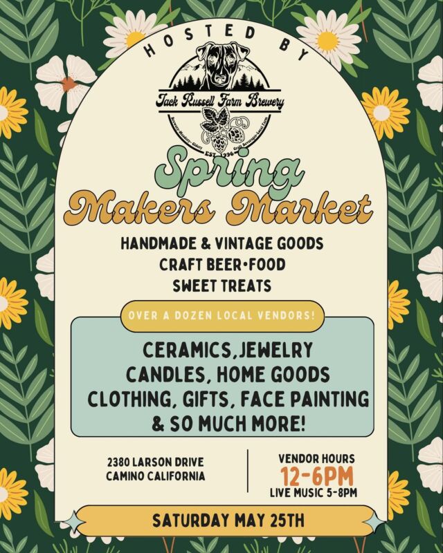 Join us this Saturday for our Spring Makers Market 12-6 pm ! Stick around after for @darthmozart playing live music 5-8 pm it will be an awesome evening at the brewery! Little Cravings will be onsite cooking up delicious bites as well! 
.
.
#jackrussellfarmbrewery #jackrussellbrewery #applehillofficial #applehill #visitapplehill #applehilltourguide #sacbeer #camino #craftbeer #sacbeerenthusiasts #handcraftedbeer #cider #hardcider #visitgoldcountry #visiteldoradocounty #eldoradocounty #appleblossom #brewery #brewerylife #localbusiness