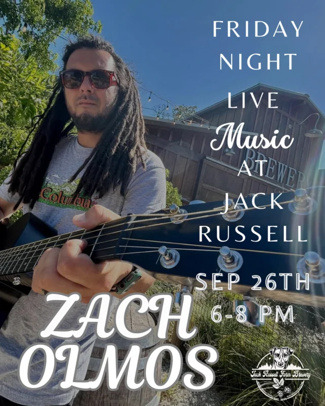 Join us for @zach_olmos_music Playing Friday Night Live here at Jack Russell Farm Brewery Friday September 26th 6-8 pm. @valenz_tacos3 Onsite