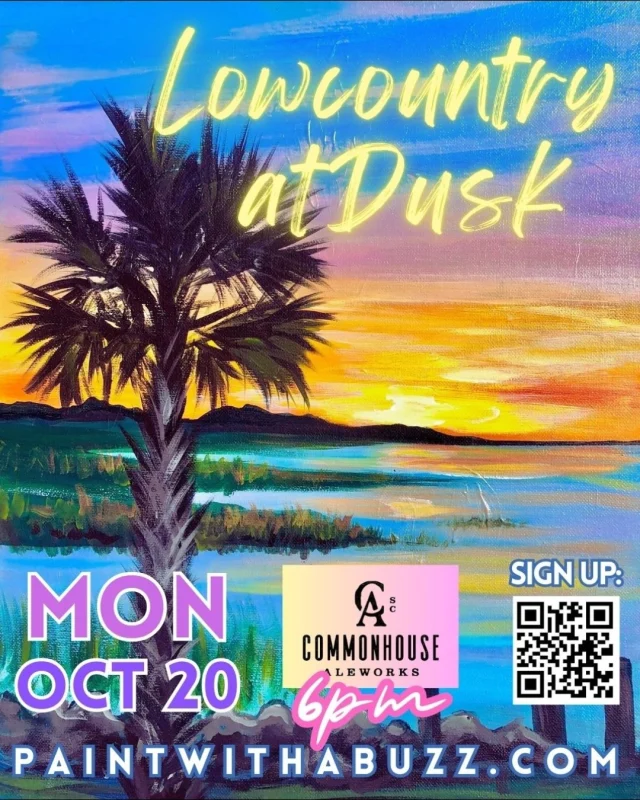 Paint night + pints = Monday made better 🎨🍺 Join us at Commonhouse on Monday, October 20 at 6 PM for Lowcountry at Dusk with @paintwithabuzz 🥂 No experience needed. Just bring your crew, grab a beer, and get creative.

✨ Spots are limited, sign up at paintwithabuzz.com or scan the QR code!