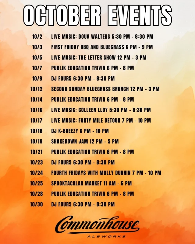 October at Commonhouse = your fall social calendar sorted 🍂🍻 We’ve loaded the month with live music, trivia nights, markets, and fresh pours. Events and artists this month include Forty Mile Detour, Colleen Lloy, Shakedown Jam, Molly Durnin, and the Spooktacular Market.

Screenshot it, tag your crew, and make a plan. We’ll keep the beer cold and the music live. All you have to do is show up!

And don’t forget to check our stories every Monday for the week’s event lineup. It’s your reminder to never miss a good night at Commonhouse 🎶🍺