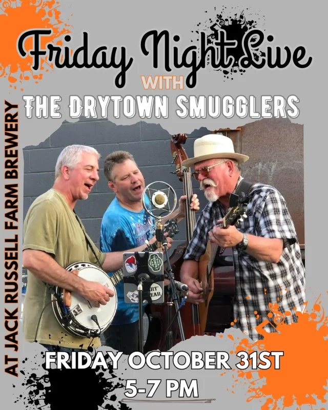 A Bluegrass Holloween? 🎃 We say Yup! 
Come enjoy The Drytown Smugglers playing our final Friday Night Live of 2025 on October 31st. @thesliceshack & @valenz_tacos3 will both be onsite so come enjoy the music while you can!