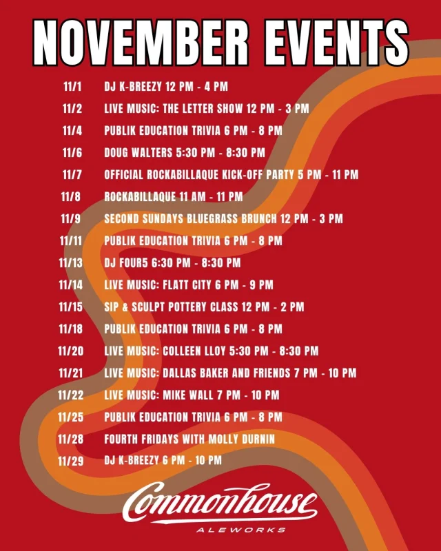 Fall nights, live tunes, and good beer with great people.
That’s what November at Commonhouse is all about 🍂🍺

Check out what’s on tap this month and make your plans to hang with us in Park Circle 🎶