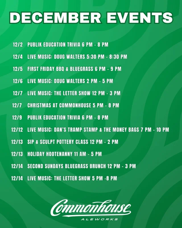 December is here, and the taproom is packed with holiday magic ✨

From wreath workshops to trivia nights, Christmas movies, live music, and more, we’ve got a full month of reasons to bundle up and swing by Commonhouse.

Screenshot this, share it with the group chat, and make some plans. We’ll handle the beer and the good cheer 🍻